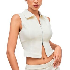 NWOT Cider Woven Collar Solid Zipper Tank Top Beige | TAGS CUT OUT SEE NOTES